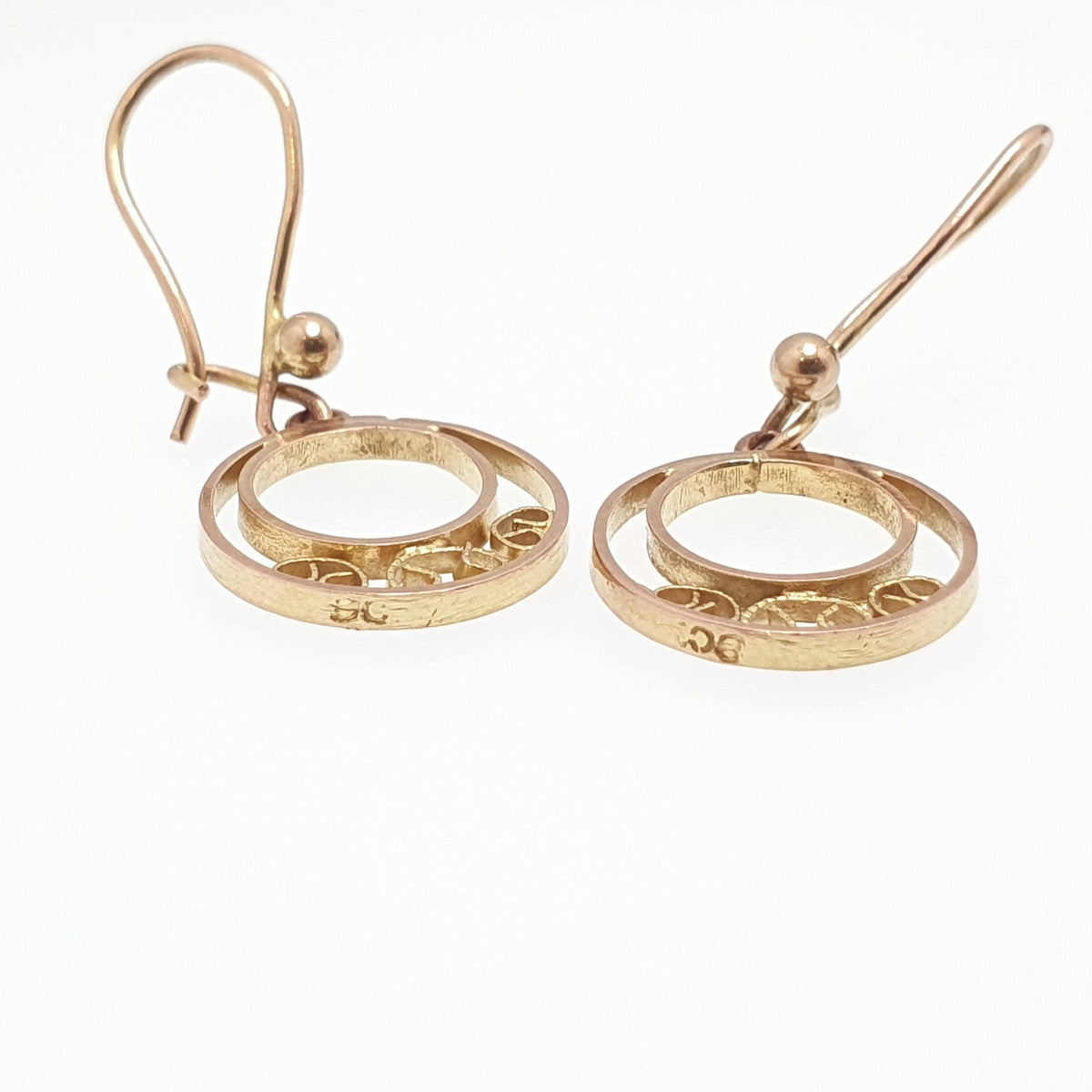 Antique 9k 9ct Gold Circle Earrings Hook Drop Dangle Art Deco Sun Style Sunburst Solid 375 9kt Filigree Vintage Womens Jewellery Jewellery