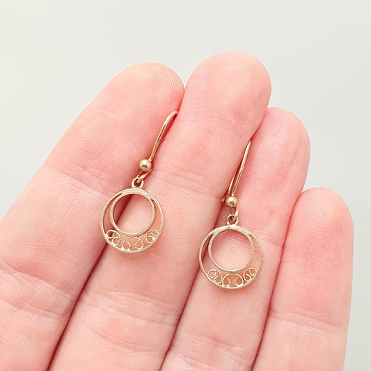 Antique 9k 9ct Gold Circle Earrings Hook Drop Dangle Art Deco Sun Style Sunburst Solid 375 9kt Filigree Vintage Womens Jewellery Jewellery