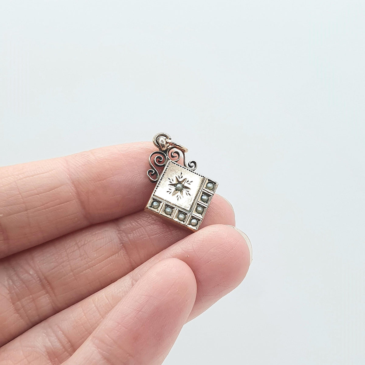 Antique Victorian Rose Rolled Gold Seed Pearl Pendant Star Centre Tilted Square Celestial Womens Jewelry Vintage Jewellery
