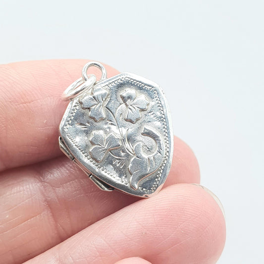 Antique Victorian Sterling Silver Shield Locket Bouquet of Flowers 1894 Hallmark 925 Floral Vintage Womens Ladies Jewelry Jewellery