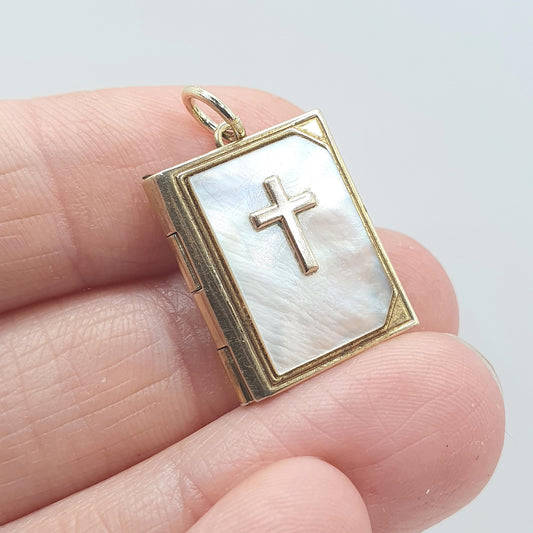 Vintage Rolled Gold Bible Locket Book Gold Filled Mother of Pearl Lords Prayer Inside Retro Ladies Women Jewelry Jewellery