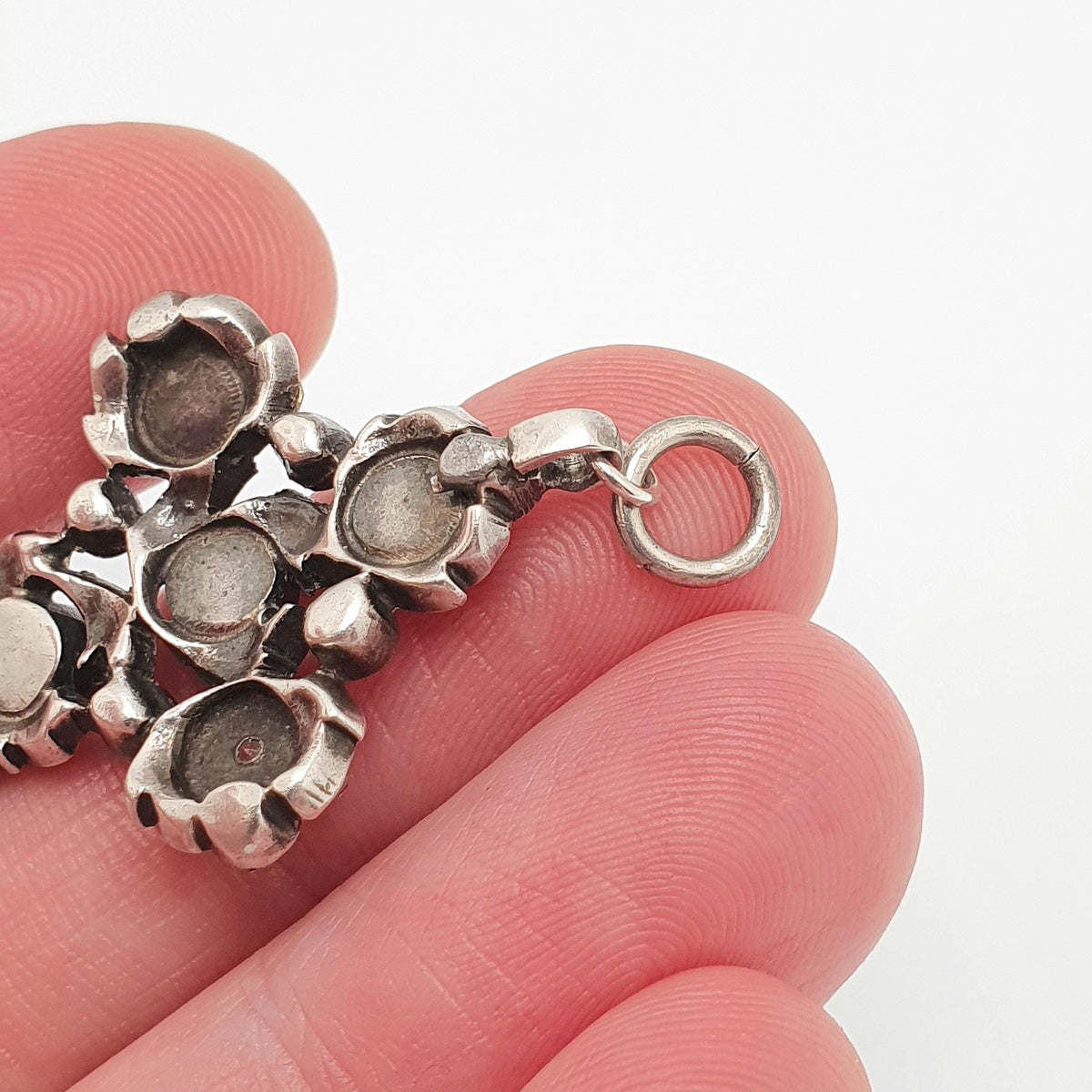 Antique Solid Silver Diamond Paste Crucifix Pendant Cross Necklace Victorian 1800s Georgian Revival Foiled Pastes Jewellery Jewelry