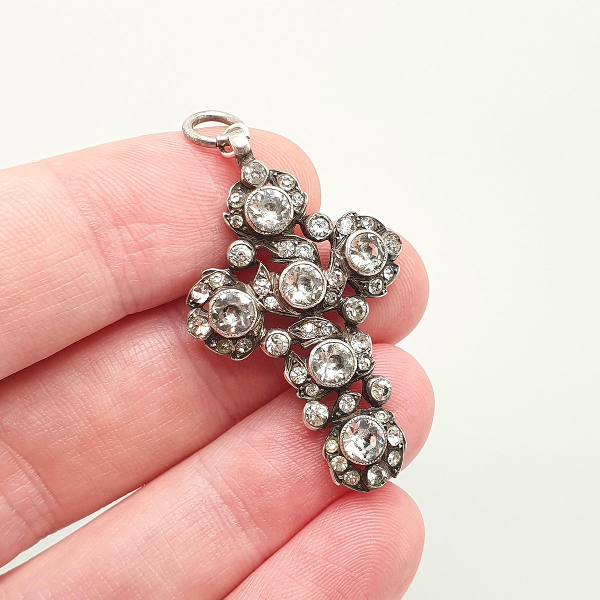 Antique Solid Silver Diamond Paste Crucifix Pendant Cross Necklace Victorian 1800s Georgian Revival Foiled Pastes Jewellery Jewelry