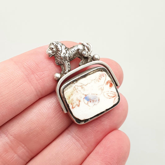 Antique Sterling Silver Lion Spinner Fob Pendant Victorian China Porcelain Necklace  Hallmarked Cat Animal Vintage Jewellery Jewelry