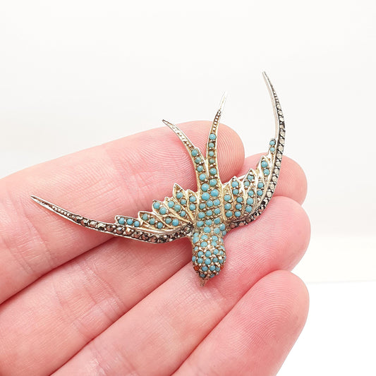 Antique Solid Silver Bird Brooch Turquoise Glass Songbird Swallow Marcasite Art Deco Gold Vermeil Vintage 1920s Jewellery Jewelry