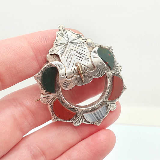 Antique Sterling Silver Scottish Buckle Brooch Bloodstone Red Jasper Victorian Large Big Solid Vintage Celtic Womens Jewelry Jewellery