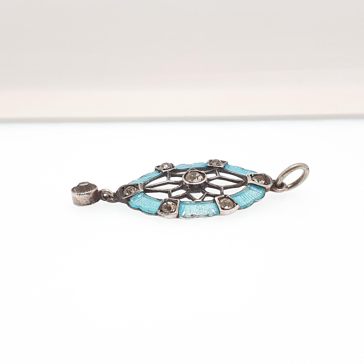 Antique Victorian Solid Silver Enamel Paste Star Pendant Web Necklace Art Nouveau Sky Blue Diamond Pastes Vintage Womens Jewelry Jewellery