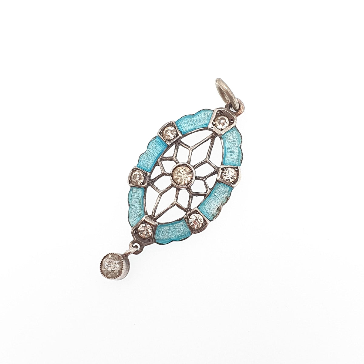 Antique Victorian Solid Silver Enamel Paste Star Pendant Web Necklace Art Nouveau Sky Blue Diamond Pastes Vintage Womens Jewelry Jewellery