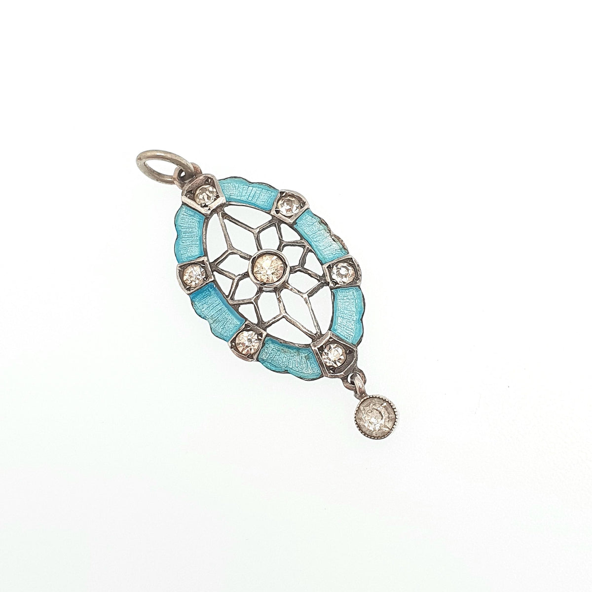 Antique Victorian Solid Silver Enamel Paste Star Pendant Web Necklace Art Nouveau Sky Blue Diamond Pastes Vintage Womens Jewelry Jewellery
