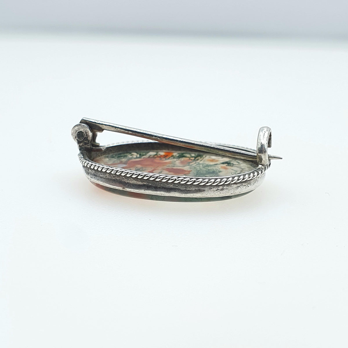 Antique Solid Silver Moss Agate Brooch Natural Gemstone Veined Oval Cut Vintage Rare Gemstone Ladies Womens Jewelry Jewellery