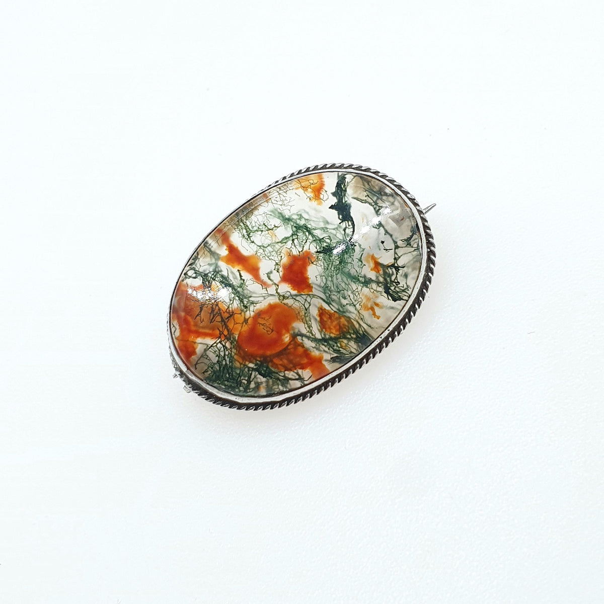 Antique Solid Silver Moss Agate Brooch Natural Gemstone Veined Oval Cut Vintage Rare Gemstone Ladies Womens Jewelry Jewellery
