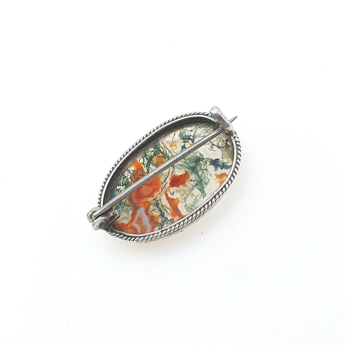 Antique Solid Silver Moss Agate Brooch Natural Gemstone Veined Oval Cut Vintage Rare Gemstone Ladies Womens Jewelry Jewellery