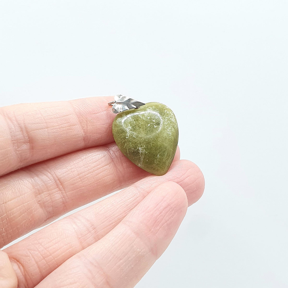 Antique Solid Silver Connemara Marble Heart Pendant Irish Gemstone Celtic Leaf Bail Womens Vintage Jewelry Jewellery