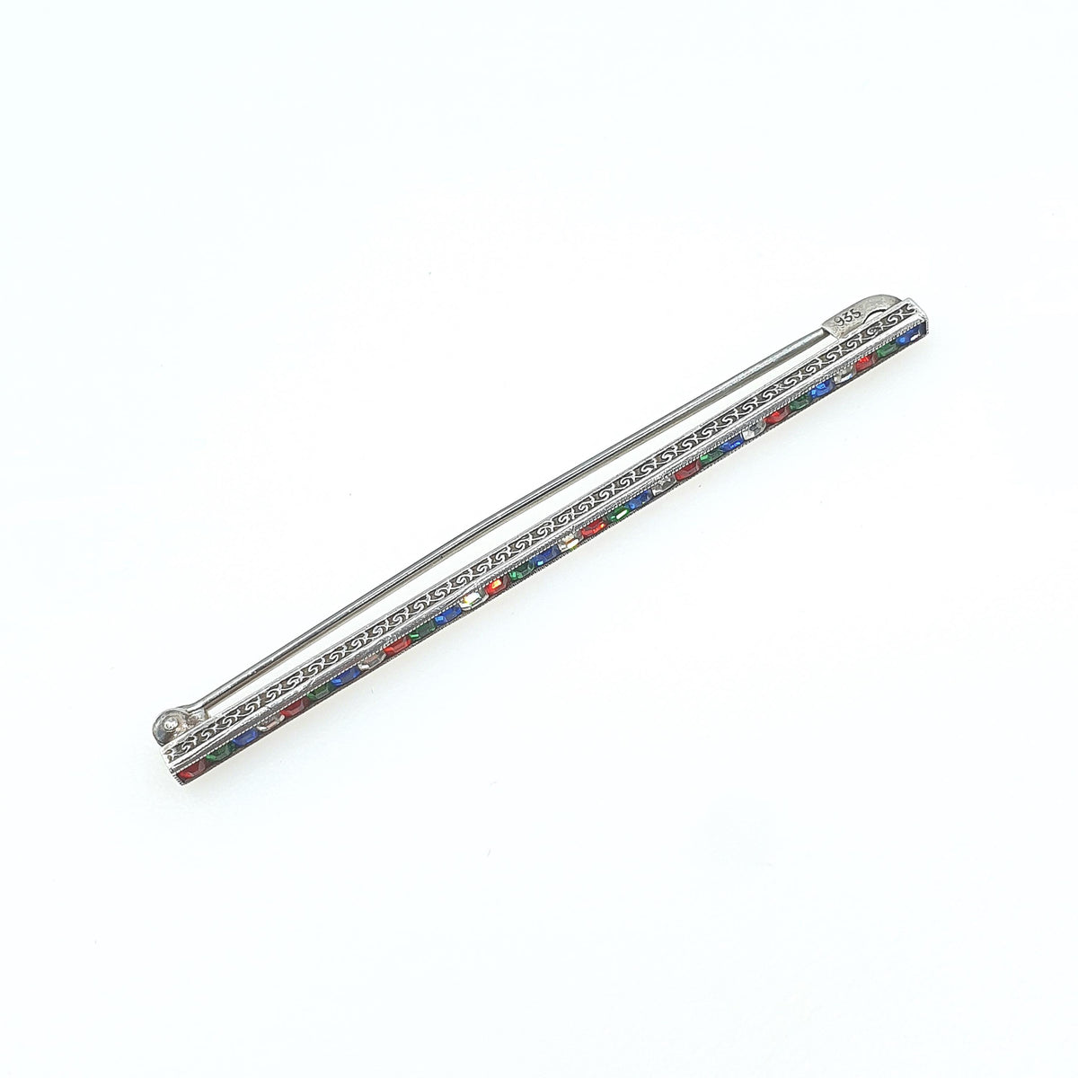 Antique Solid Silver Mutli Coloured Paste Brooch Channel Cut Red White Blue Green Vintage Womens Jewellery Jewelry