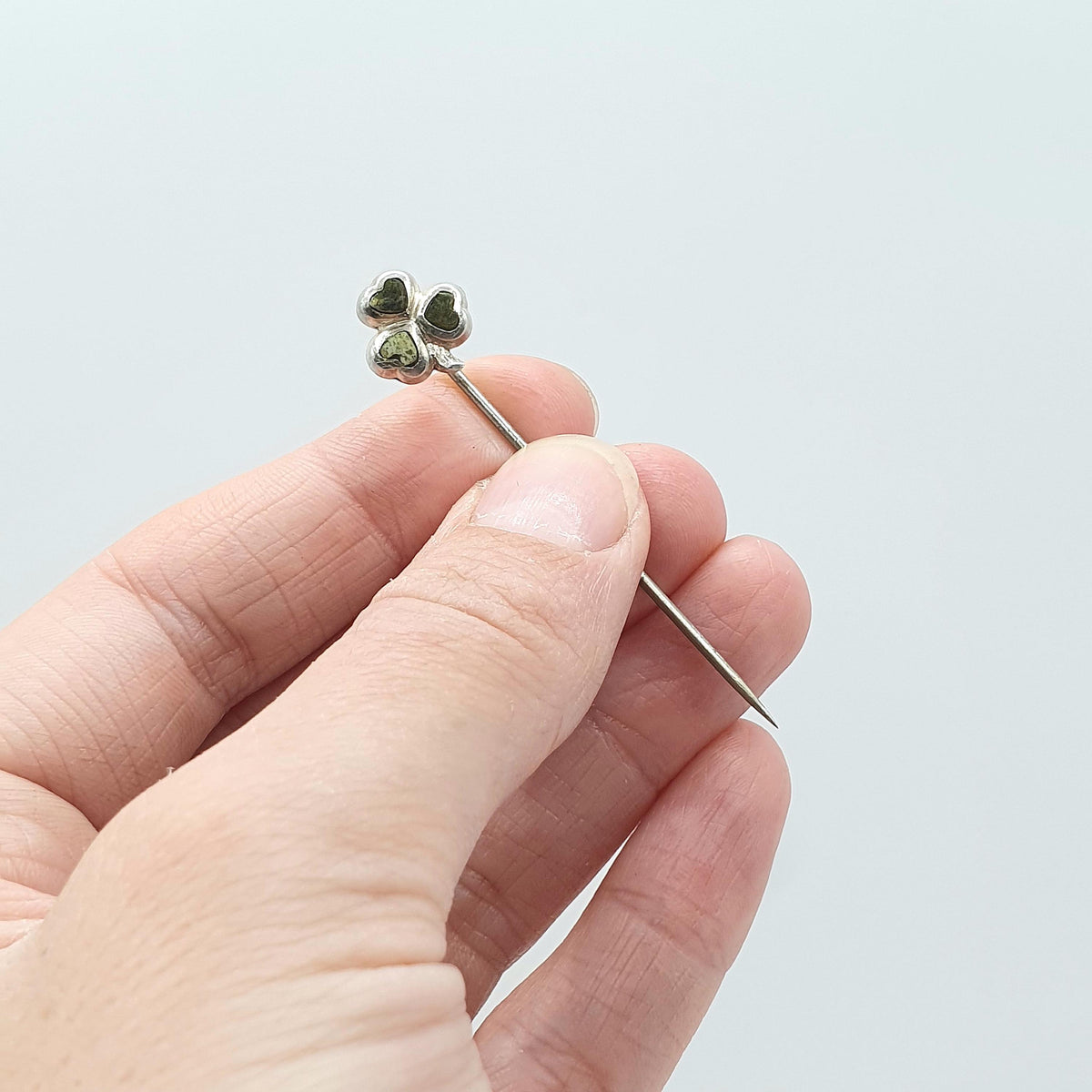 Antique Victorian Solid Silver Head Connemara Marble Clover Stick Pin Lucky Good Luck Base Metal Pin Vintage Jewellery Jewelry