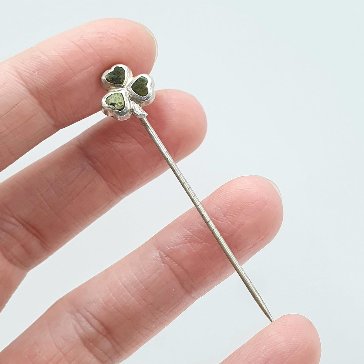 Antique Victorian Solid Silver Head Connemara Marble Clover Stick Pin Lucky Good Luck Base Metal Pin Vintage Jewellery Jewelry