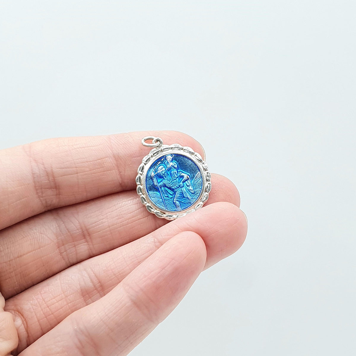 Vintage Sterling Silver Blue Enamel St Christopher Pendant Necklace Patron Saint of Travel Unisex Women Mens Jewellery Jewelry
