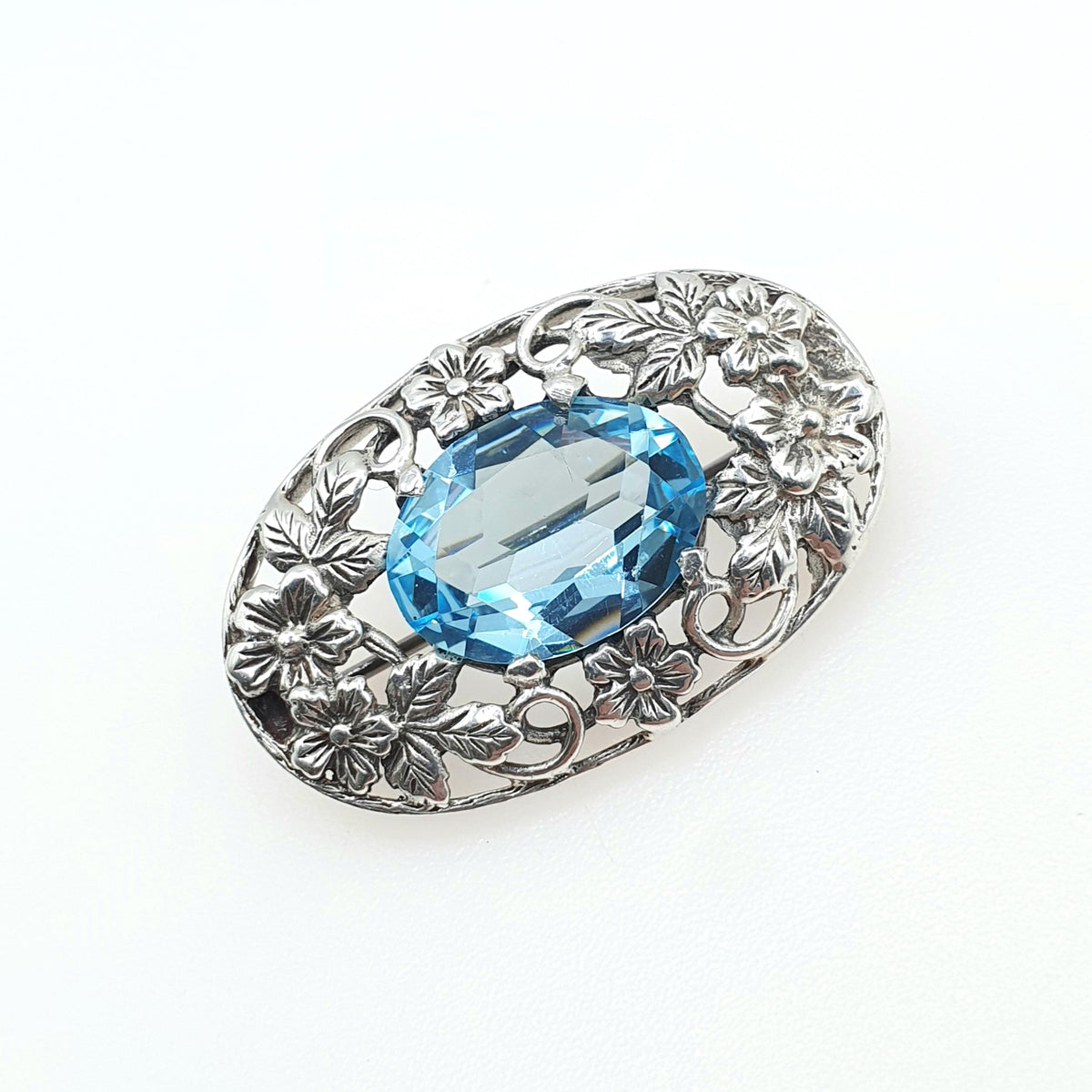 Antique BERNARD INSTONE Sterling Silver Swiss Topaz Brooch Art Nouveau Style 1920s Flower Blue Gemstone Womens Jewelry Jewellery