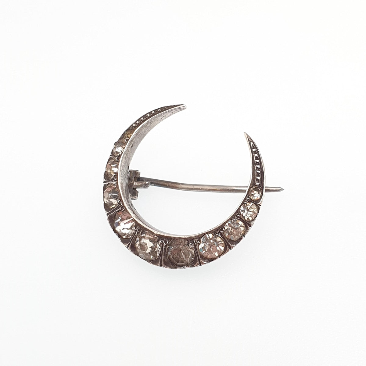 Antique Victorian Solid Silver Crescent Moon Diamond Paste Brooch Celestial Night Sky Womens Jewelry Jewellery Unisex Mens