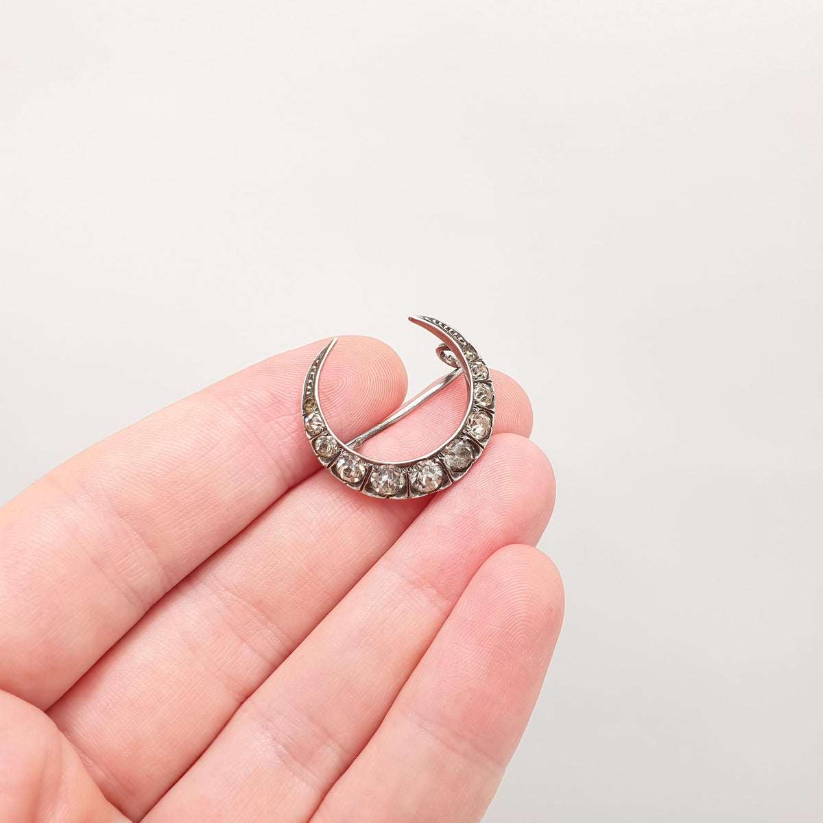 Antique Victorian Solid Silver Crescent Moon Diamond Paste Brooch Celestial Night Sky Womens Jewelry Jewellery Unisex Mens