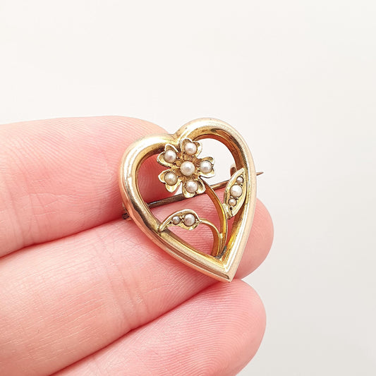 Antique Victorian 9k 9ct Gold Seed Pearl Heart Brooch Flower Pin Sweetheart 1800s Romantic Love Solid 375 9kt 9 Carat Womens Vintage