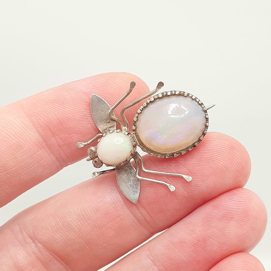 Antique Victorian Opal Fly Brooch Bug Insect Genuine Opals Silver Plated White Large Big Oval Vintage 1800s Jewelry Jewellery
