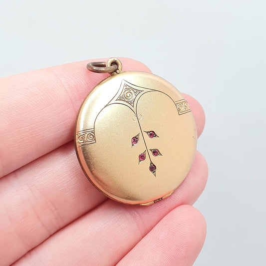 Antique Rolled Gold Locket Ruby Paste Edwardian Necklace Pendant Gold Filled Flower Large Round Circle Vintage Jewellery Jewelry