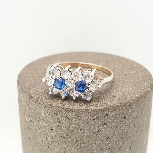 Antique 9ct Gold Blue & White Spinel Ring Solid Silver Double Cluster Halo Sapphire Tone 9k 9kt Art Deco 1920s Vintage Cocktail Womens