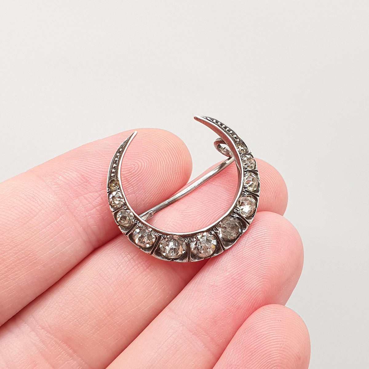 Antique Victorian Solid Silver Crescent Moon Diamond Paste Brooch Celestial Night Sky Womens Jewelry Jewellery Unisex Mens