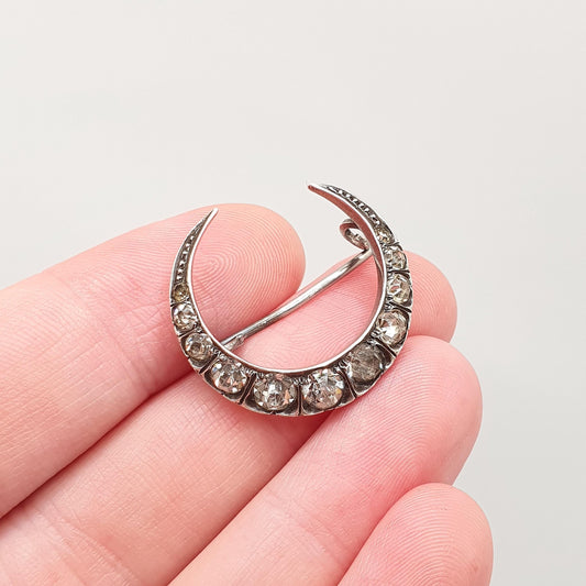 Antique Victorian Solid Silver Crescent Moon Diamond Paste Brooch Celestial Night Sky Womens Jewelry Jewellery Unisex Mens