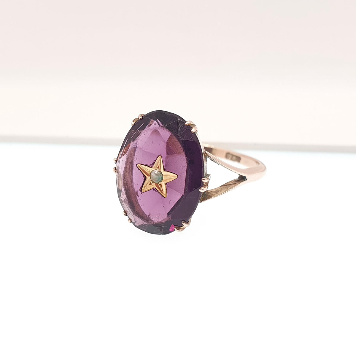 Antique 9ct 9k Gold Amethyst Paste Star Ring Victorian Seed Pearl Oval Cut Solid 9k 9kt Celestial Vintage Womens Jewelry Jewellery