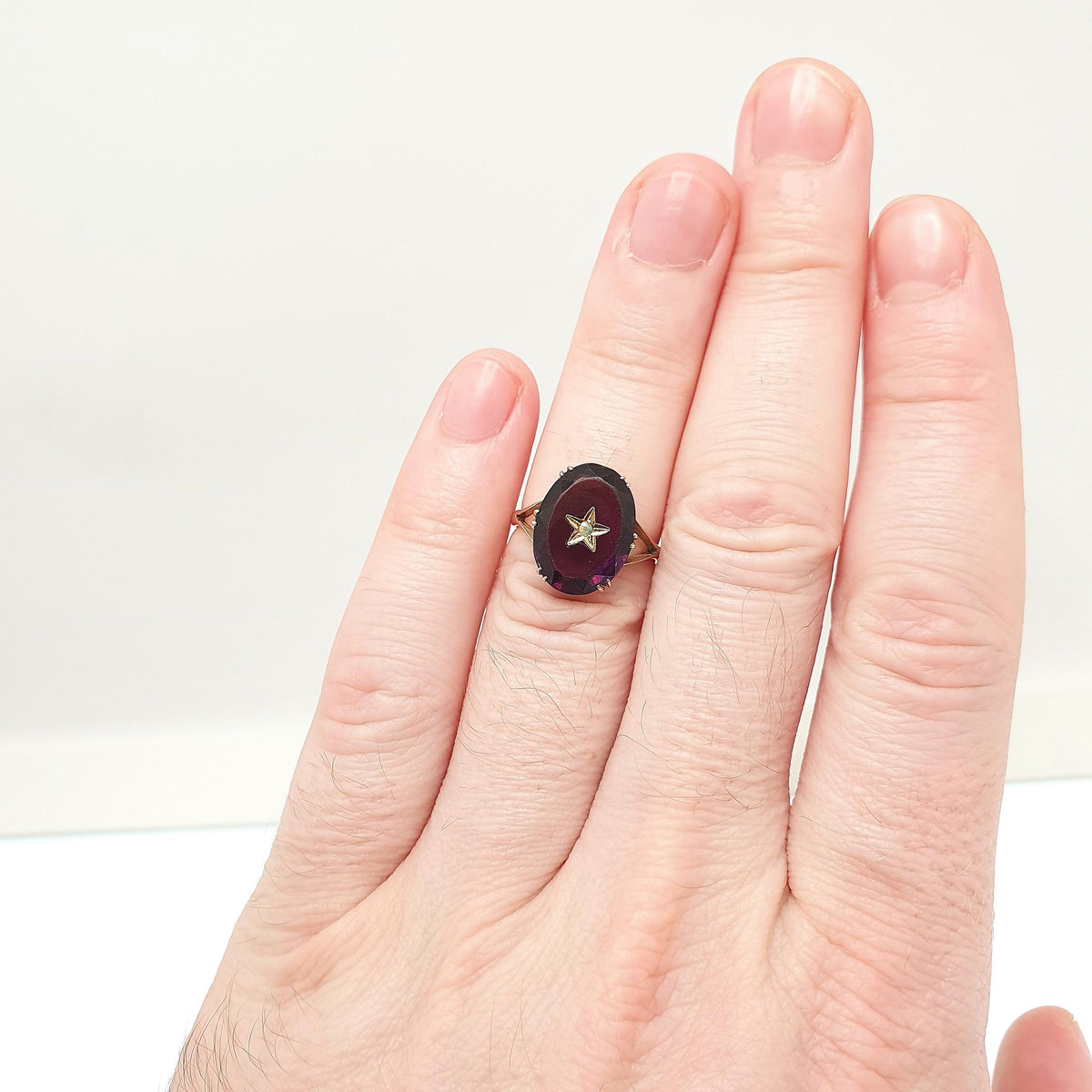 Antique 9ct 9k Gold Amethyst Paste Star Ring Victorian Seed Pearl Oval Cut Solid 9k 9kt Celestial Vintage Womens Jewelry Jewellery