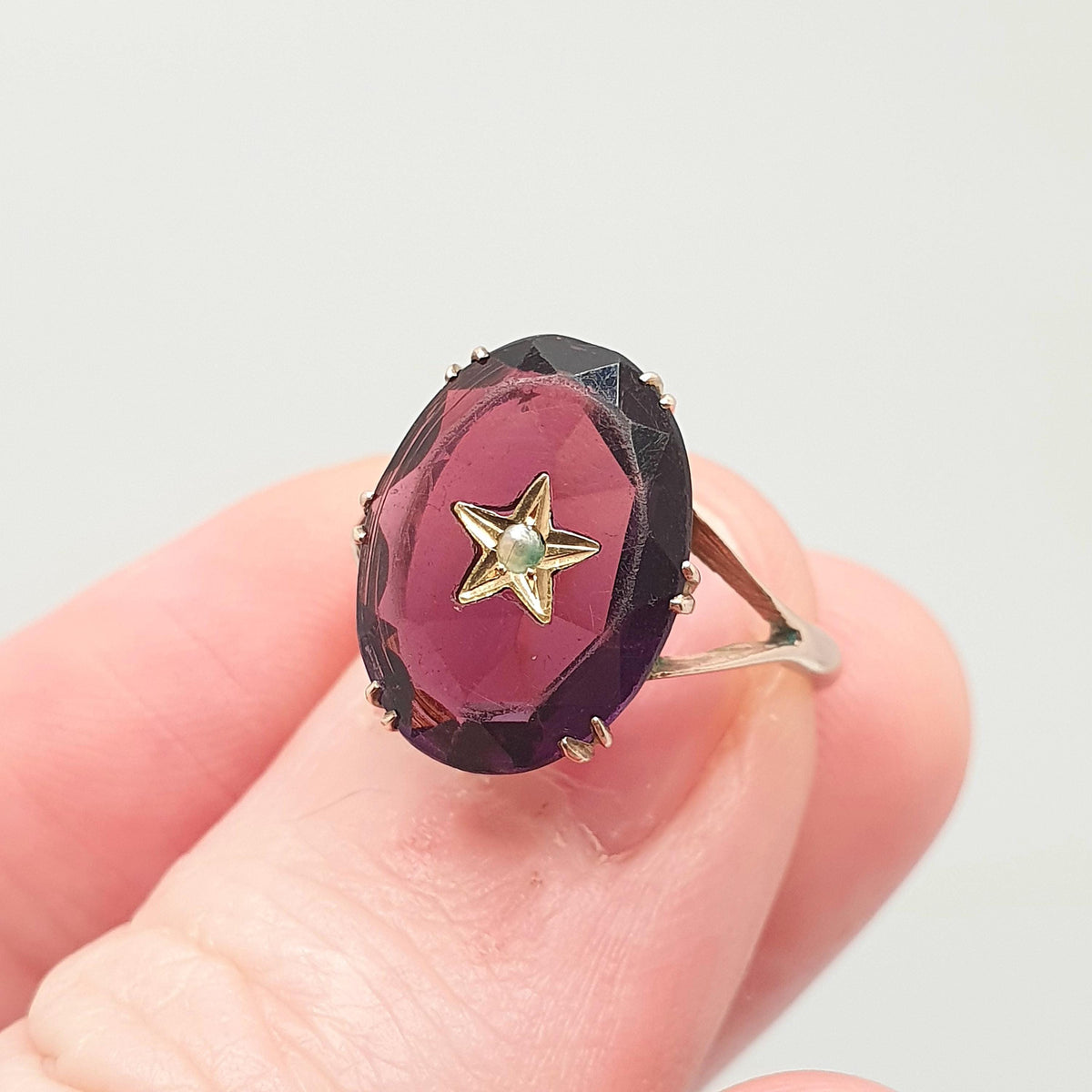 Antique 9ct 9k Gold Amethyst Paste Star Ring Victorian Seed Pearl Oval Cut Solid 9k 9kt Celestial Vintage Womens Jewelry Jewellery