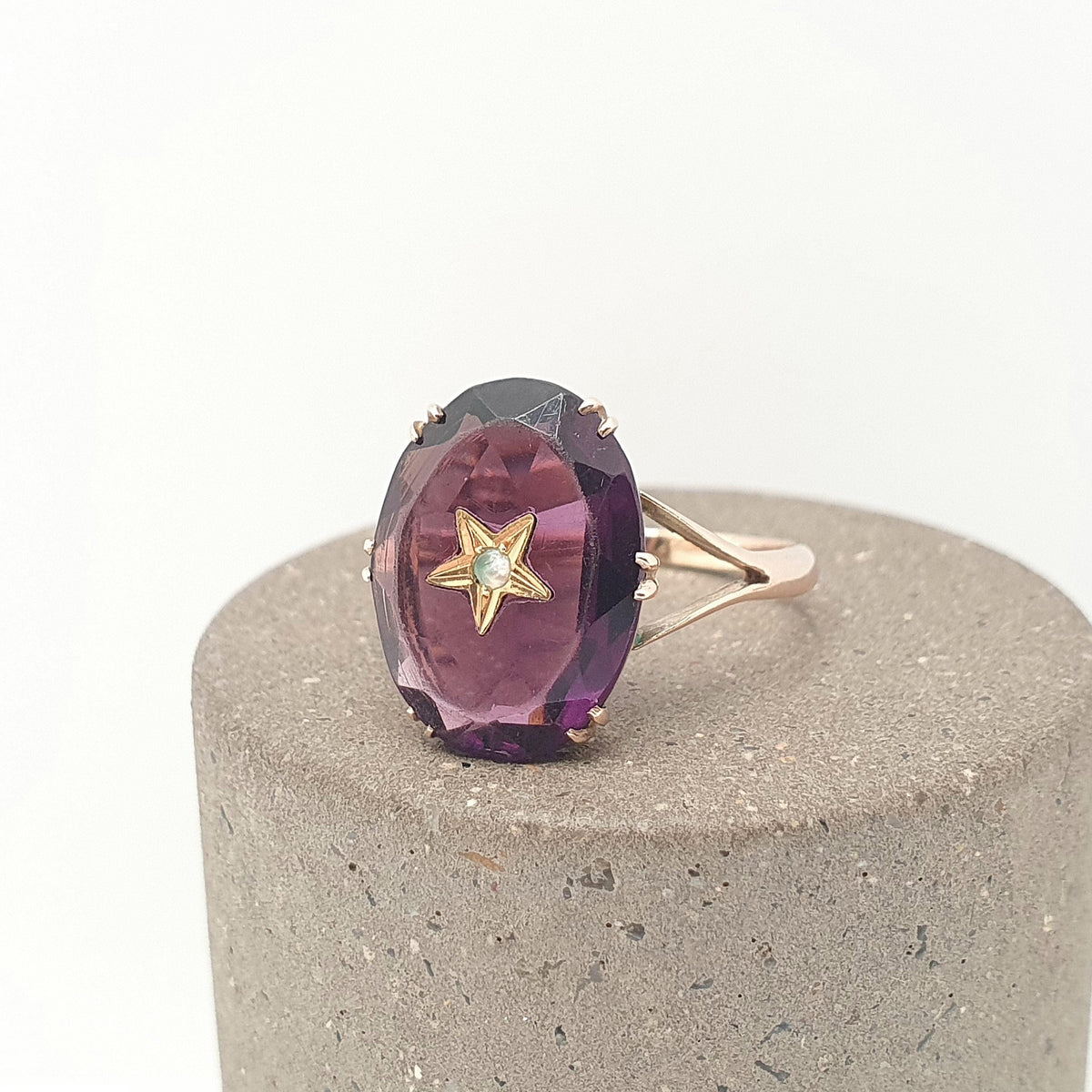 Antique 9ct 9k Gold Amethyst Paste Star Ring Victorian Seed Pearl Oval Cut Solid 9k 9kt Celestial Vintage Womens Jewelry Jewellery