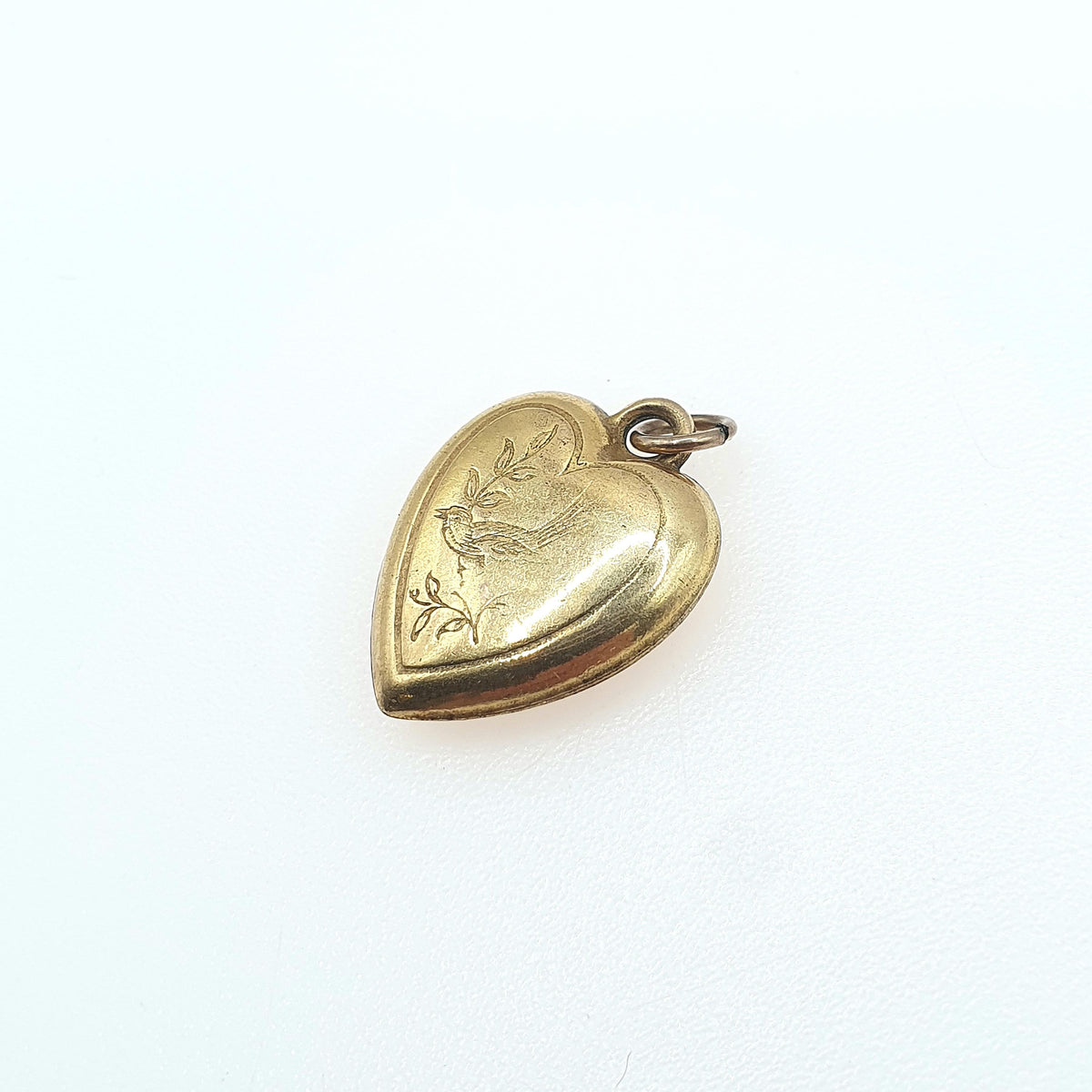 Antique Rolled Gold Bird Engraved Heart Pendant Charm Necklace Victorian Gold Filled Womens Jewelry Vintage Jewellery