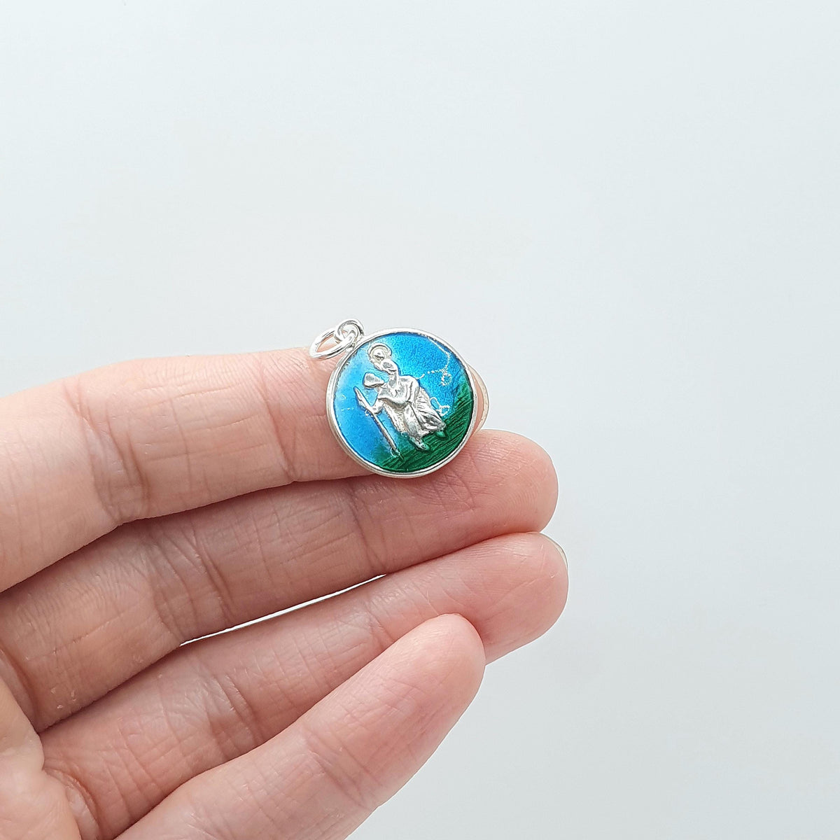 Vintage Sterling Silver Enamel St Christopher Pendant Charm Green and Blue Travel Catholic Saint Religious Cute Womens Jewellery Jewelry