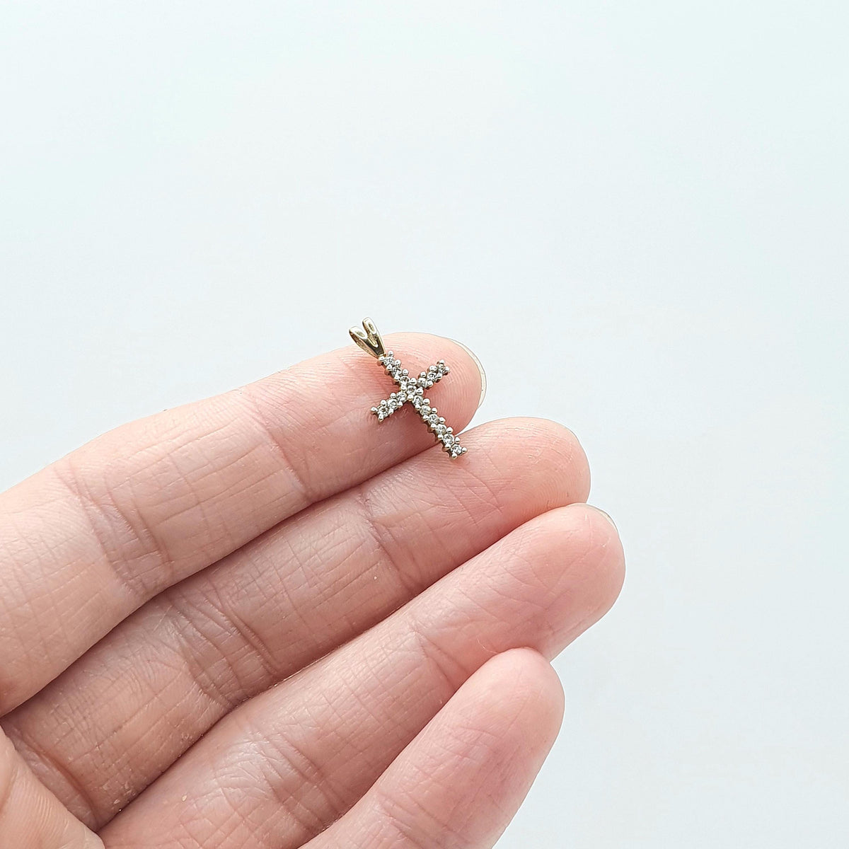 Vintage 9ct Gold CZ Crucifix Pendant Cross Necklace Small Tiny Solid 9k 9kt Diamond Simulant Womens Jewelry Jewellery Charm