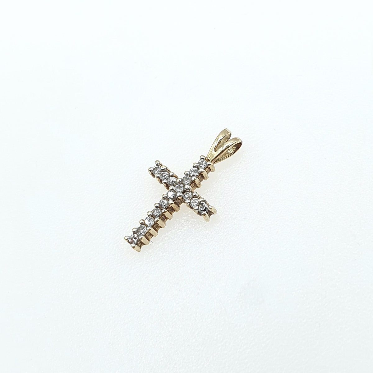 Vintage 9ct Gold CZ Crucifix Pendant Cross Necklace Small Tiny Solid 9k 9kt Diamond Simulant Womens Jewelry Jewellery Charm