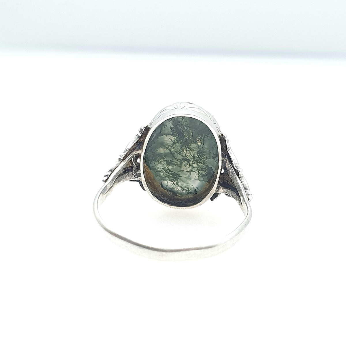 Antique Victorian Solid Silver Moss Agate Ring Art Nouveau Veined Quartz Solitaire Cabochon UK N.5 US 7 Womens Jewellery Jewelry