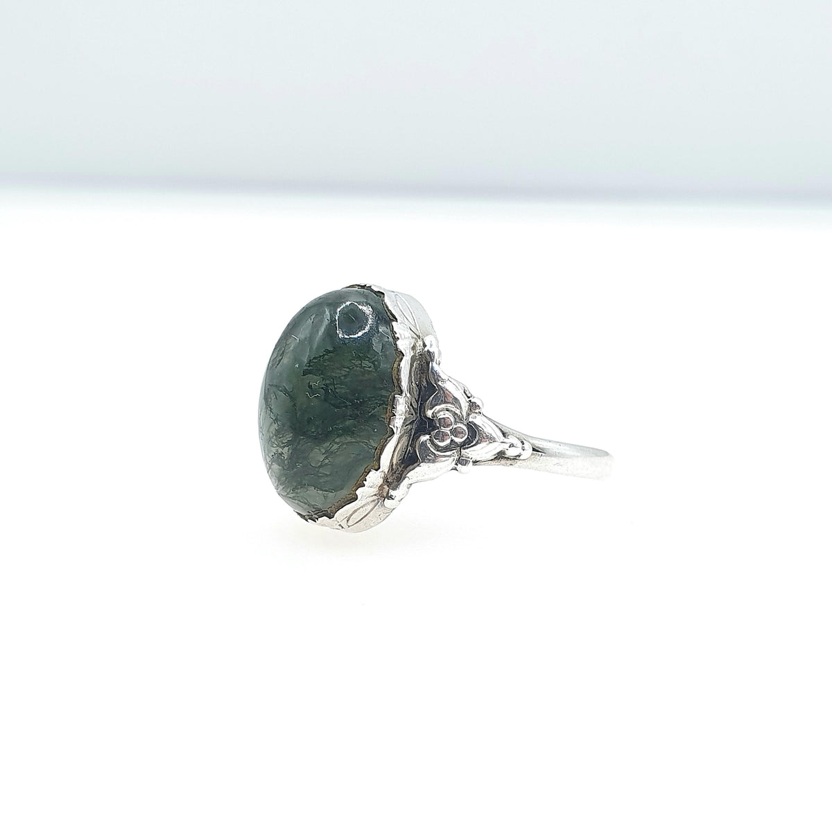 Antique Victorian Solid Silver Moss Agate Ring Art Nouveau Veined Quartz Solitaire Cabochon UK N.5 US 7 Womens Jewellery Jewelry