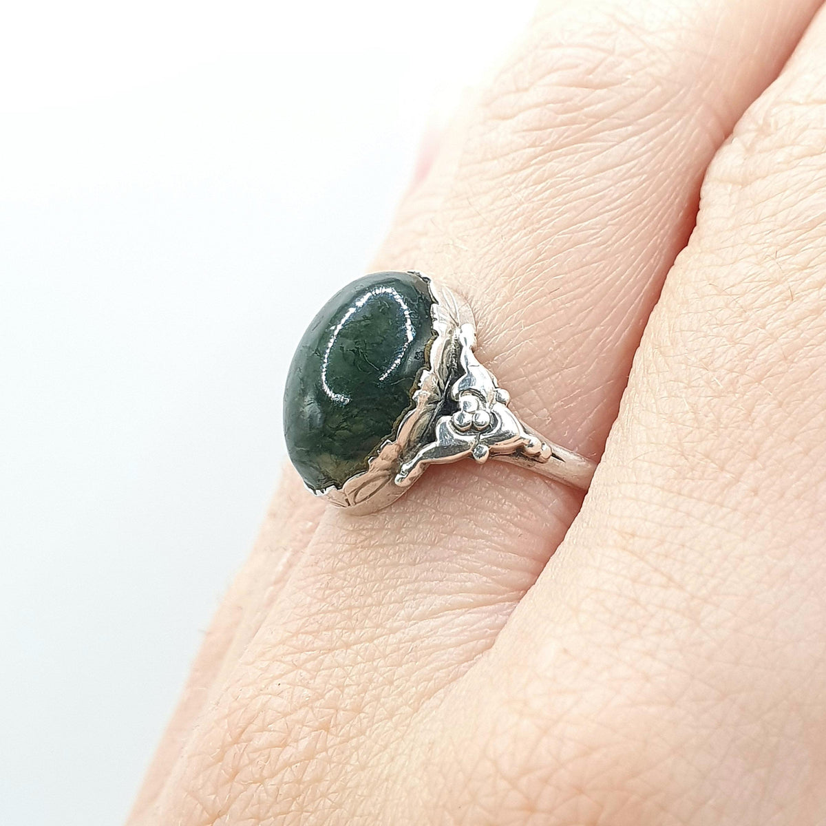 Antique Victorian Solid Silver Moss Agate Ring Art Nouveau Veined Quartz Solitaire Cabochon UK N.5 US 7 Womens Jewellery Jewelry