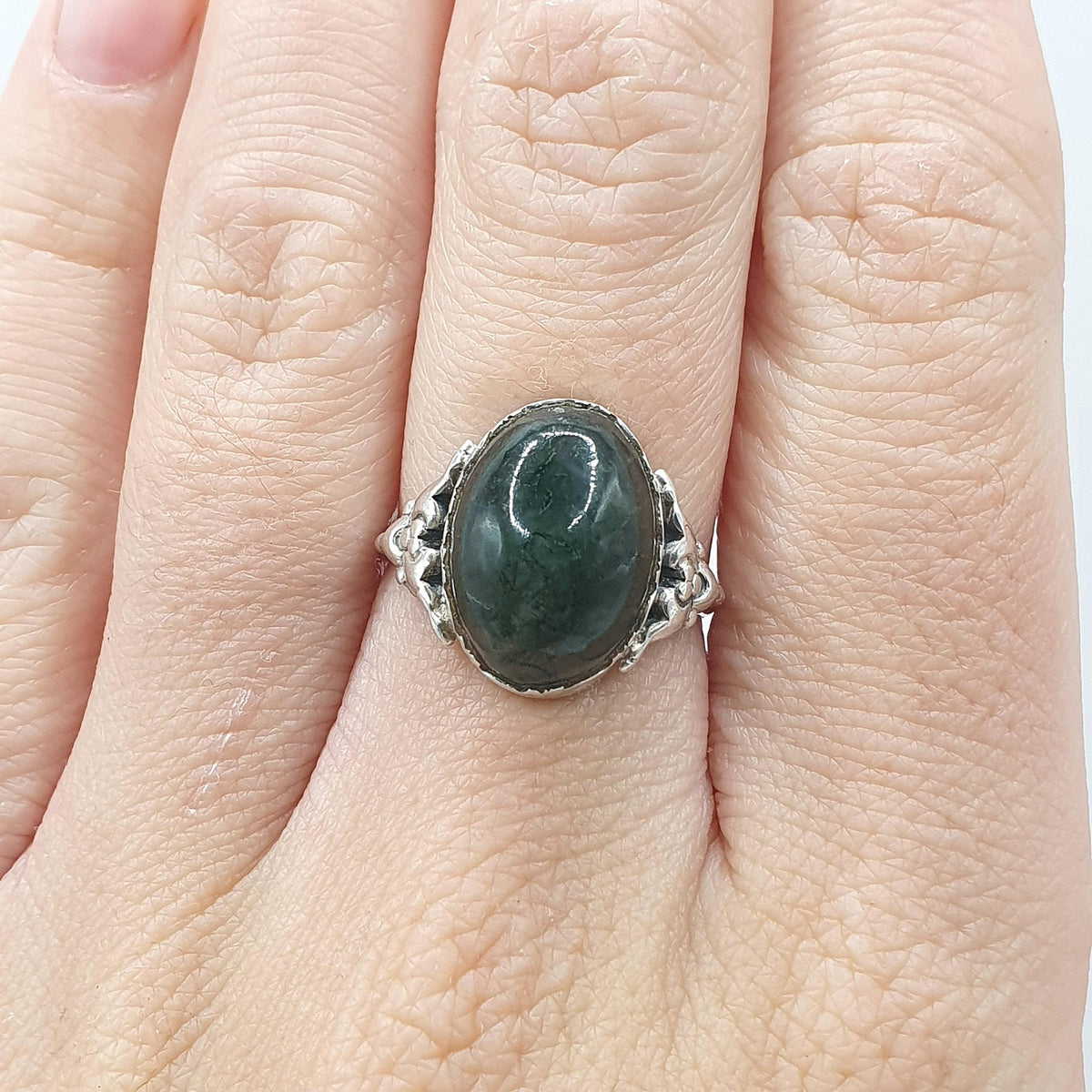 Antique Victorian Solid Silver Moss Agate Ring Art Nouveau Veined Quartz Solitaire Cabochon UK N.5 US 7 Womens Jewellery Jewelry