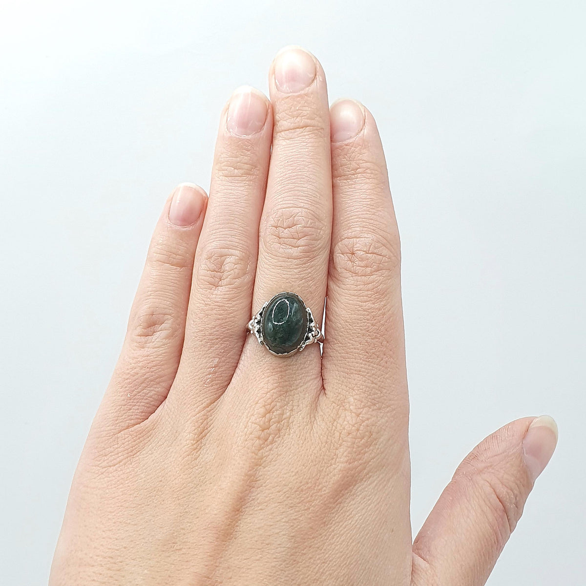 Antique Victorian Solid Silver Moss Agate Ring Art Nouveau Veined Quartz Solitaire Cabochon UK N.5 US 7 Womens Jewellery Jewelry