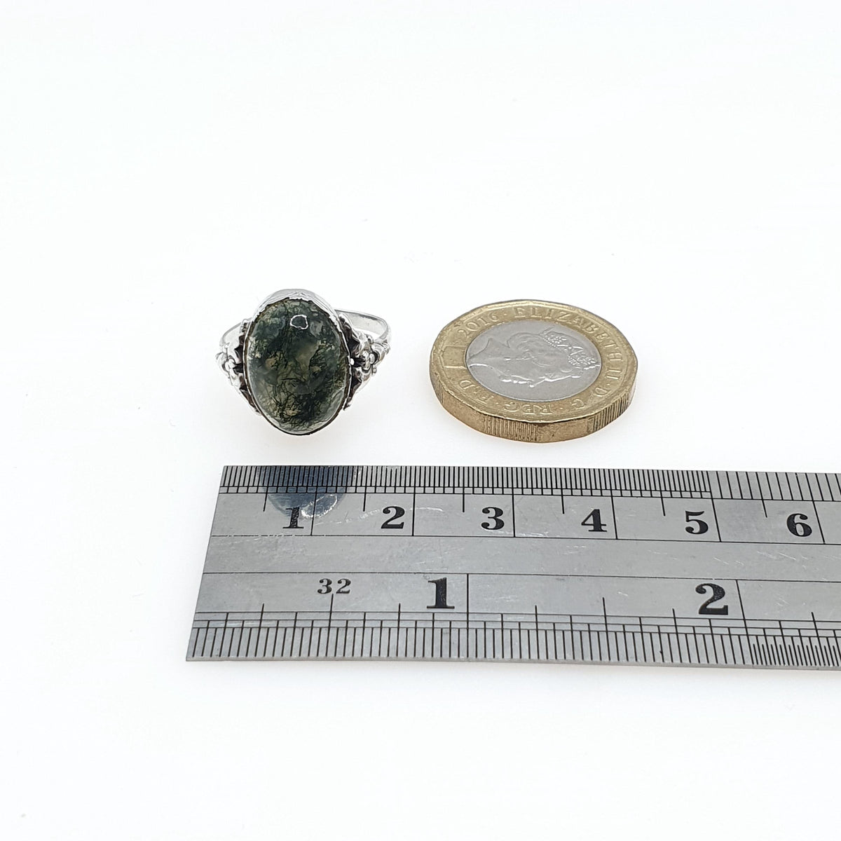 Antique Victorian Solid Silver Moss Agate Ring Art Nouveau Veined Quartz Solitaire Cabochon UK N.5 US 7 Womens Jewellery Jewelry