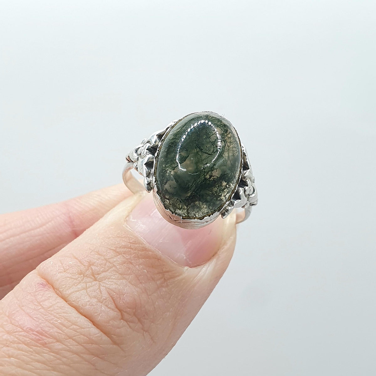 Antique Victorian Solid Silver Moss Agate Ring Art Nouveau Veined Quartz Solitaire Cabochon UK N.5 US 7 Womens Jewellery Jewelry