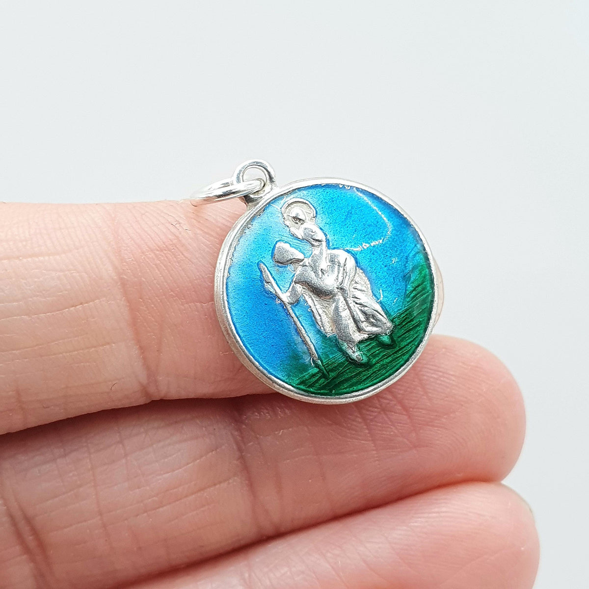 Vintage Sterling Silver Enamel St Christopher Pendant Charm Green and Blue Travel Catholic Saint Religious Cute Womens Jewellery Jewelry