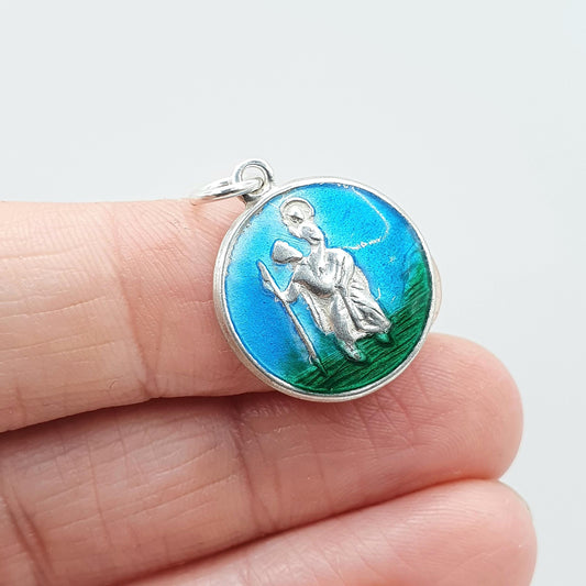 Vintage Sterling Silver Enamel St Christopher Pendant Charm Green and Blue Travel Catholic Saint Religious Cute Womens Jewellery Jewelry