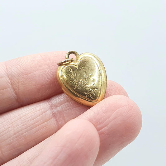 Antique Rolled Gold Bird Engraved Heart Pendant Charm Necklace Victorian Gold Filled Womens Jewelry Vintage Jewellery
