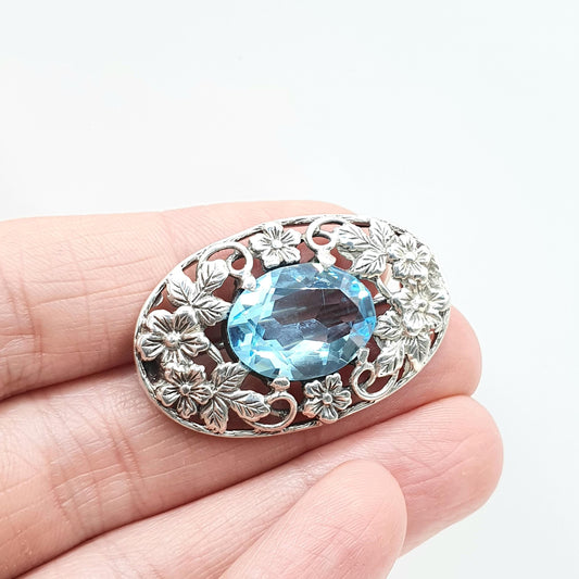 Antique BERNARD INSTONE Sterling Silver Swiss Topaz Brooch Art Nouveau Style 1920s Flower Blue Gemstone Womens Jewelry Jewellery