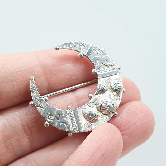 Antique Victorian Sterling Silver Crescent Moon Brooch Sweetheart 1885 Flower Decoration Sweetheart Celestial Vintage Jewelry Jewellery